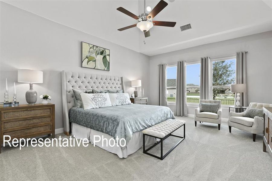 Spacious room featuring light-toned carpeting, a ceiling fan with integrated lighting, and a tray ceiling Spacious room featuring light-toned carpeting, a ceiling fan with integrated lighting, and a tray ceiling