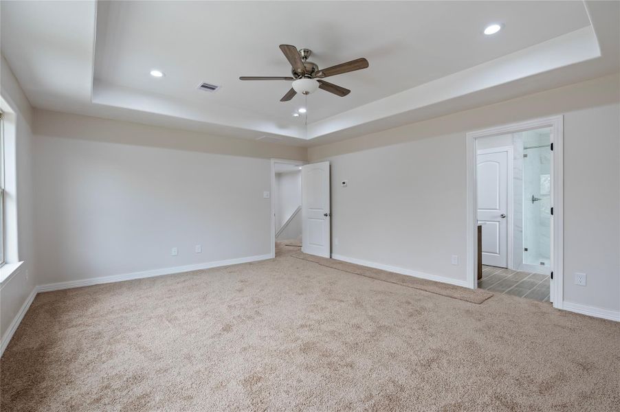 Primary bedroom with vaulted ceilings.