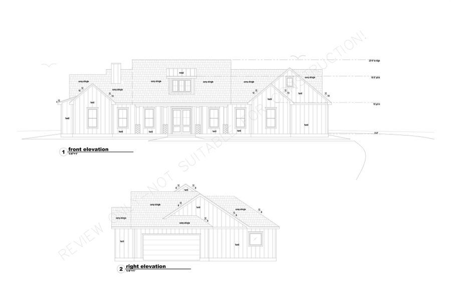 Front and right side elevation. Plans are subject to change by builder without notice. Front and right side elevation. Plans are subject to change by builder without notice.