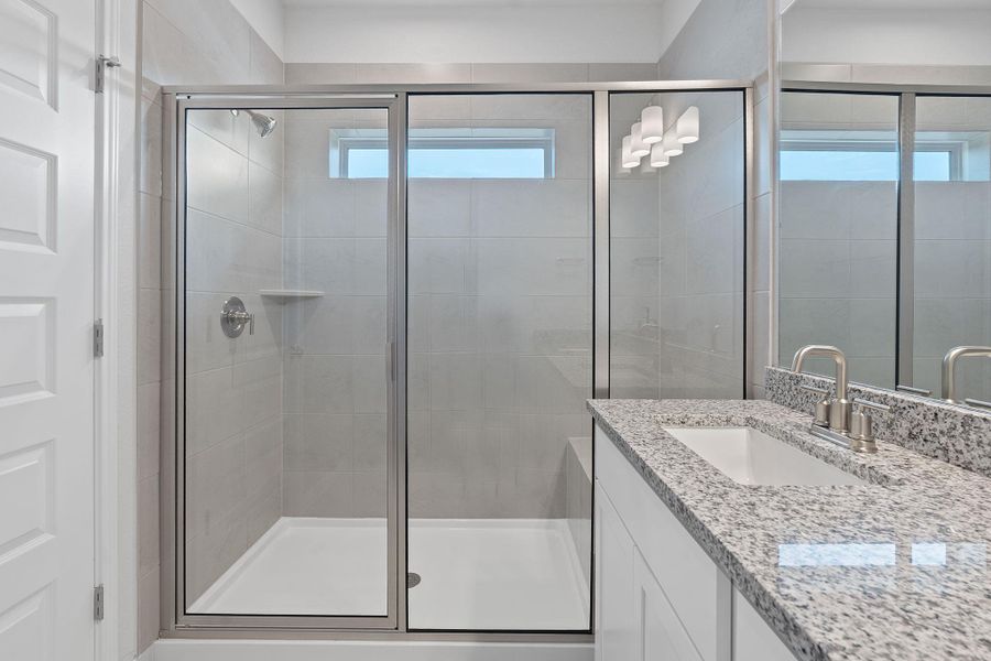 Bathroom featuring vanity and a shower stall Bathroom featuring vanity and a shower stall