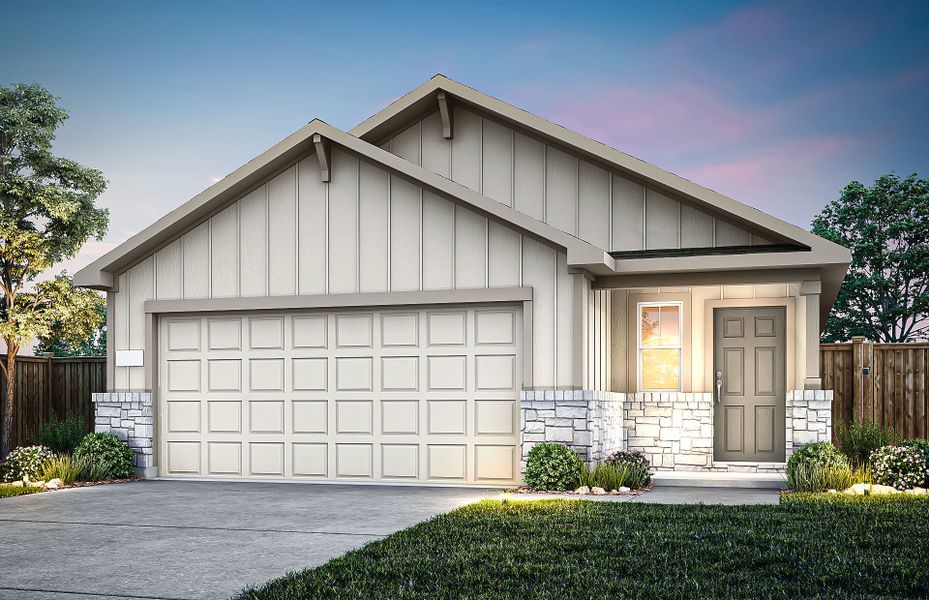 Front exterior of a new home in Sunfield, Buda, TX, highlighting curb appeal (Image 22). Front exterior of a new home in Sunfield, Buda, TX, highlighting curb appeal (Image 22).