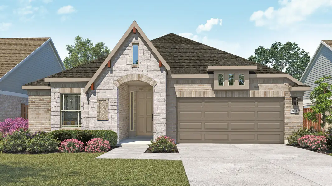 Representative exterior photo of a completed home built from the Oleander by DRB Homes in Parkside on the River, Georgetown, TX (Image 2). Representative exterior photo of a completed home built from the Oleander by DRB Homes in Parkside on the River, Georgetown, TX (Image 2).