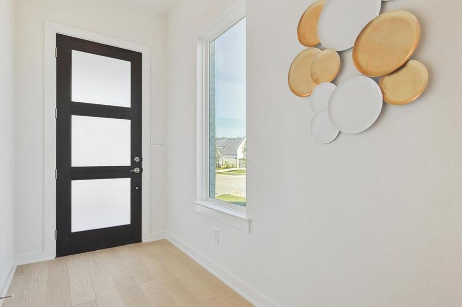 Foyer with light hardwood / wood-style floors