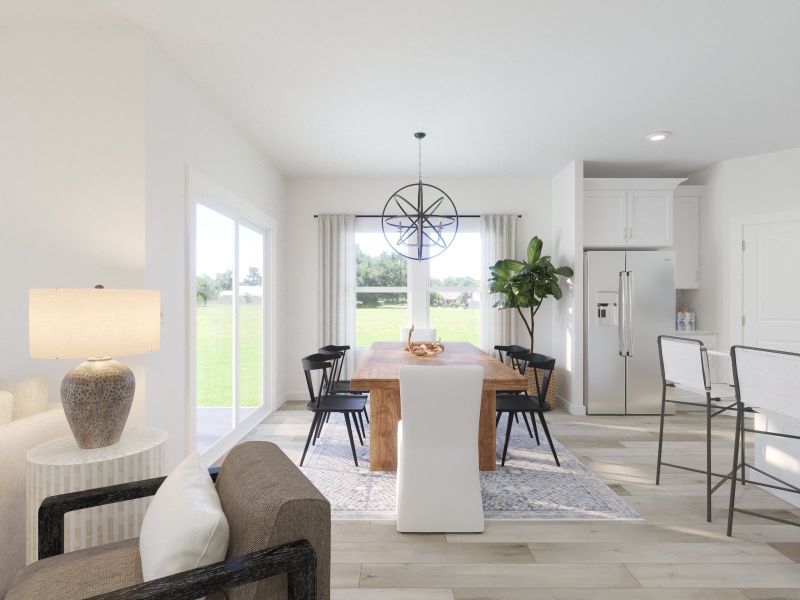 The open-concept floorplan allows for an easy flow between the kitchen and dining areas.
