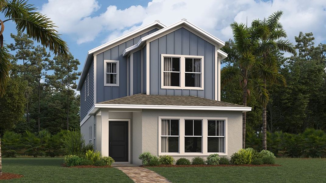 Front exterior of a new home in EverBe: Cottage Alley Collection, Orlando, FL, highlighting curb appeal (Image 1).