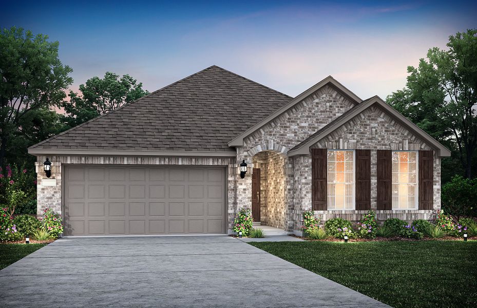 Exterior A, with stone accents, shutters, and 2-car garage with extra storage space