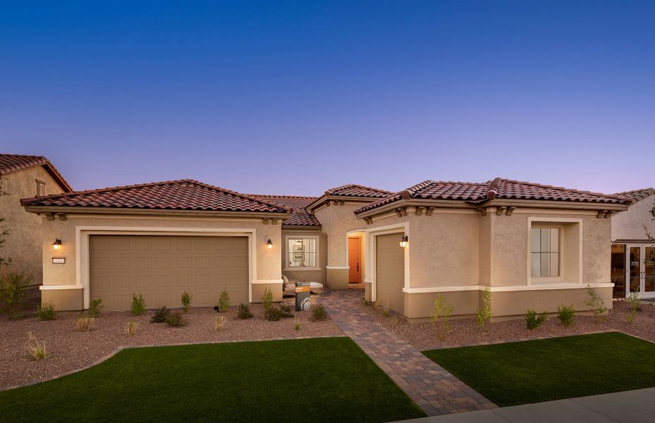 Front exterior of a new home in Sun City Festival, Buckeye, AZ, highlighting curb appeal (Image 1). Front exterior of a new home in Sun City Festival, Buckeye, AZ, highlighting curb appeal (Image 1).