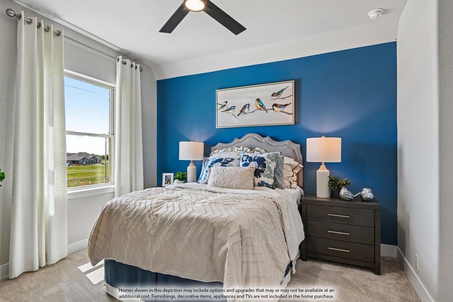 Bedroom with blue accent wall, ceiling fan, large window, and carpeted floor Bedroom with blue accent wall, ceiling fan, large window, and carpeted floor