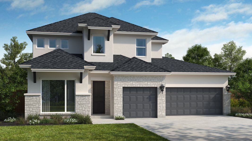 Front exterior of a new home in Blackhawk, Pflugerville, TX, highlighting curb appeal (Image 1). Front exterior of a new home in Blackhawk, Pflugerville, TX, highlighting curb appeal (Image 1).