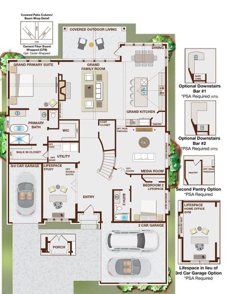 2D floor plan layout for the Grand Riverside by Grand Homes in Monterra, Fate, TX (Image 3).