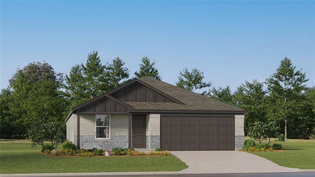 Contemporary single-story residence featuring a two-car garage, partial stone facade, and a covered entry Contemporary single-story residence featuring a two-car garage, partial stone facade, and a covered entry