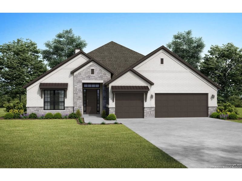 Front exterior of a new home in The Reserve at Potranco Oaks, Castroville, TX, highlighting curb appeal (Image 1).