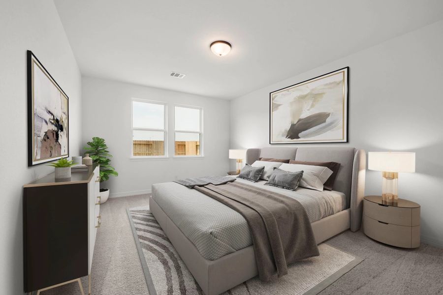 Primary bedroom. Sample product photo. Actual exterior and interior selections may vary by homesite. Photo may be virtually staged.