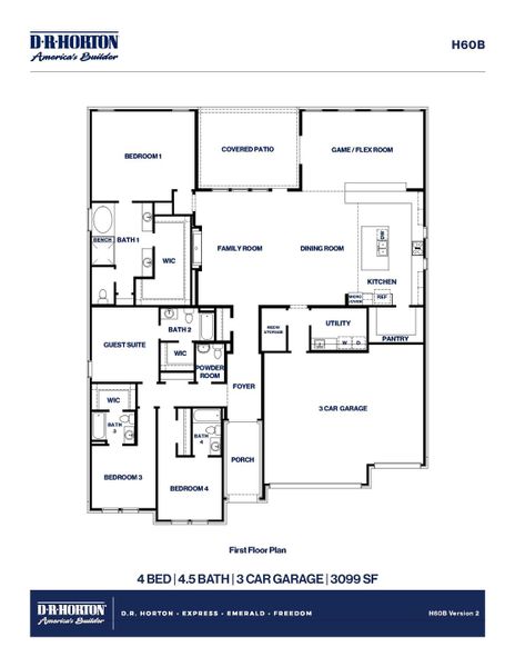 2D floor plan layout for the Portifino by D.R. Horton in Butlers Bend Estates, Pinehurst, TX (Image 5).