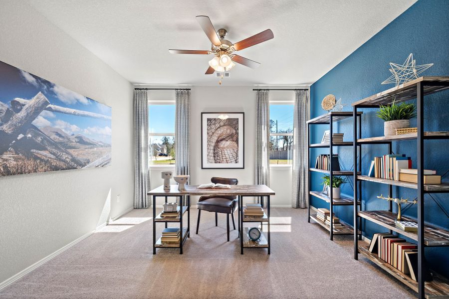 A room with a table and shelves. A room with a table and shelves.