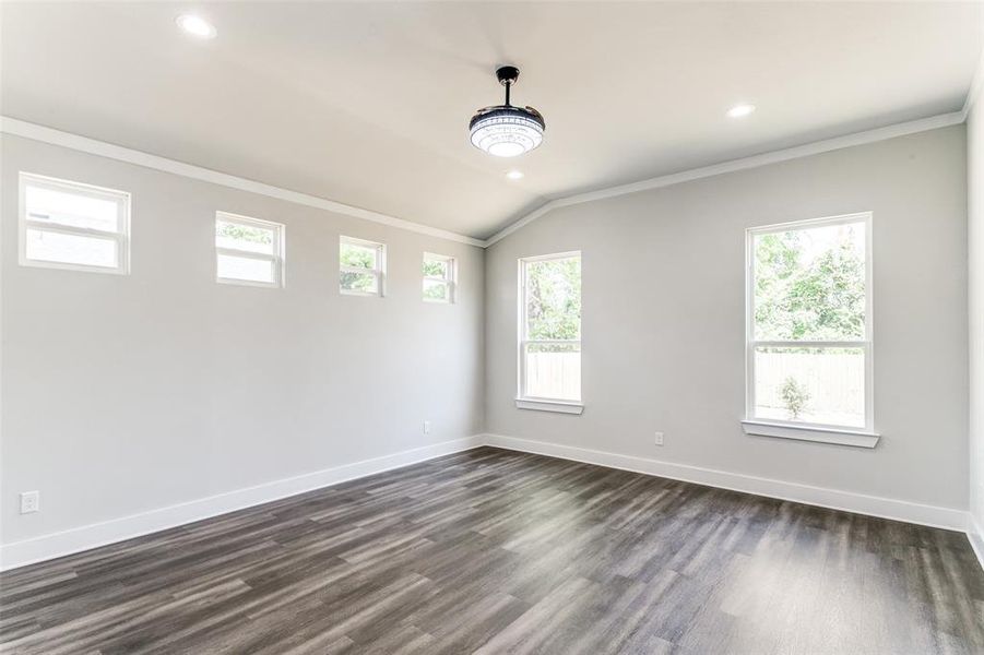 Spare room featuring a healthy amount of sunlight, vaulted ceiling, crown molding, and dark hardwood / wood-style flooring