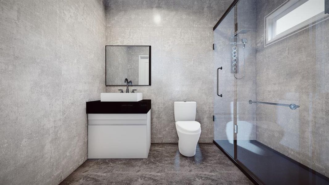 Full bathroom with vanity and a shower stall