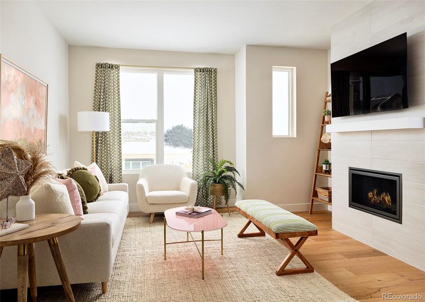 Sunny living room with gas fireplace Sunny living room with gas fireplace