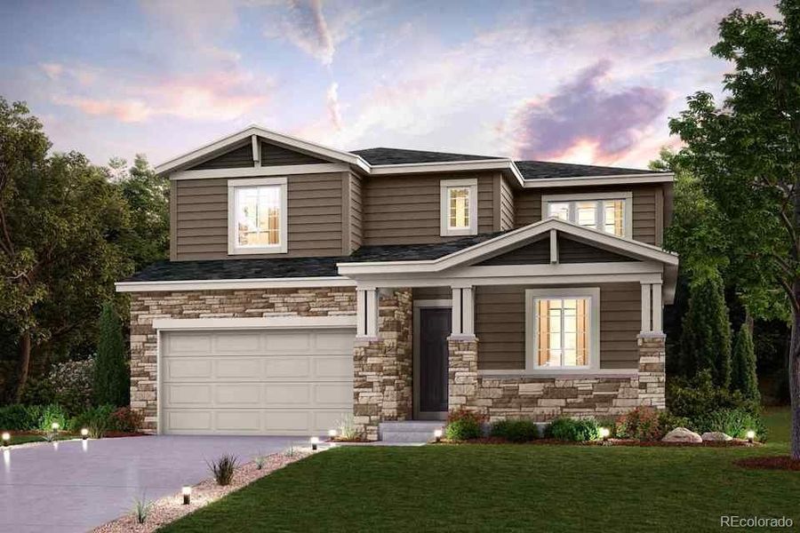 Front exterior of a new home in Floret Collection at Alder Creek, Parker, CO, highlighting curb appeal (Image 1).