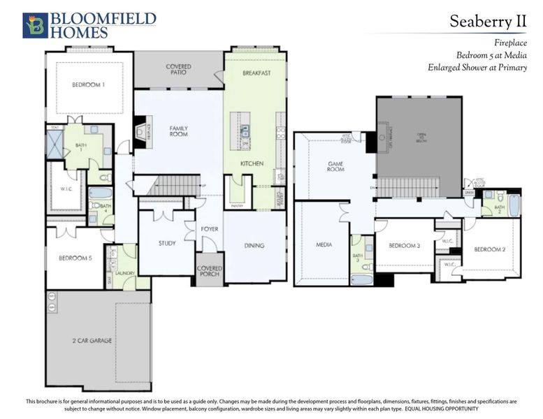 Bloomfield Homes Seaberry II floor plan showing five bedrooms, kitchen, family room, game room, and two-car garage across two levels. Bloomfield Homes Seaberry II floor plan showing five bedrooms, kitchen, family room, game room, and two-car garage across two levels.