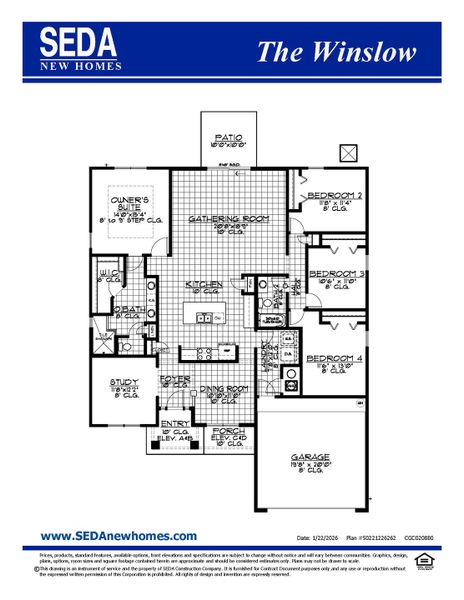 2D floor plan layout for the Winslow by SEDA New Homes in Weston Woods, Jacksonville, FL (Image 3).