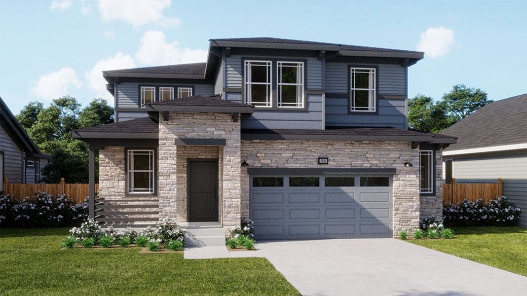 Representative exterior photo of a completed home built from the 3504 by Risewell Homes in The Cottages Collection at Ridgeline Vista, Brighton, CO (Image 3).