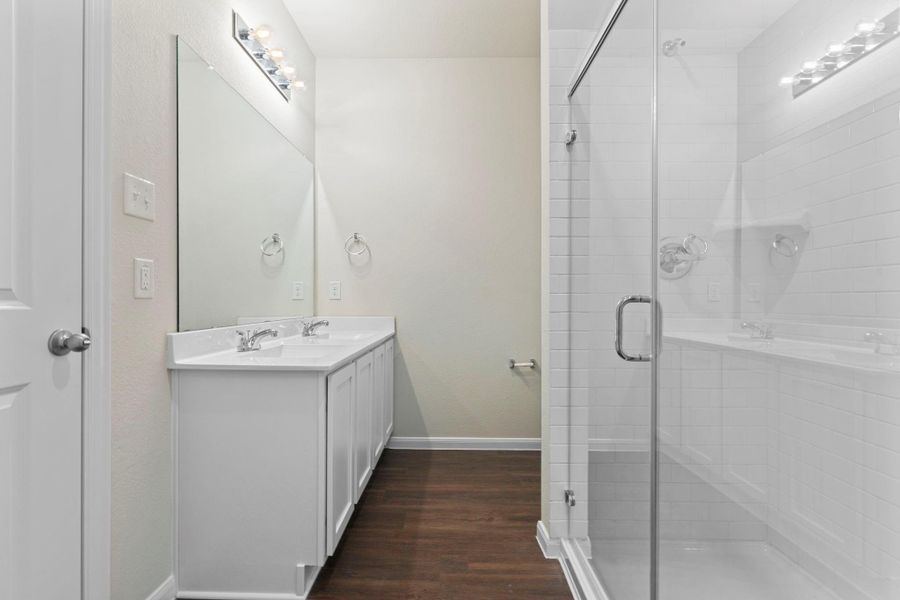 The primary bathroom with each one having their own sinks, no one has to share sinks in the primary suite bathroom! Shower large enough for two! The primary bathroom with each one having their own sinks, no one has to share sinks in the primary suite bathroom! Shower large enough for two!