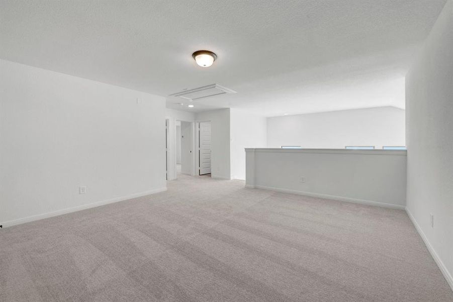 Spacious carpeted area with neutral walls and a ceiling-mounted light fixture