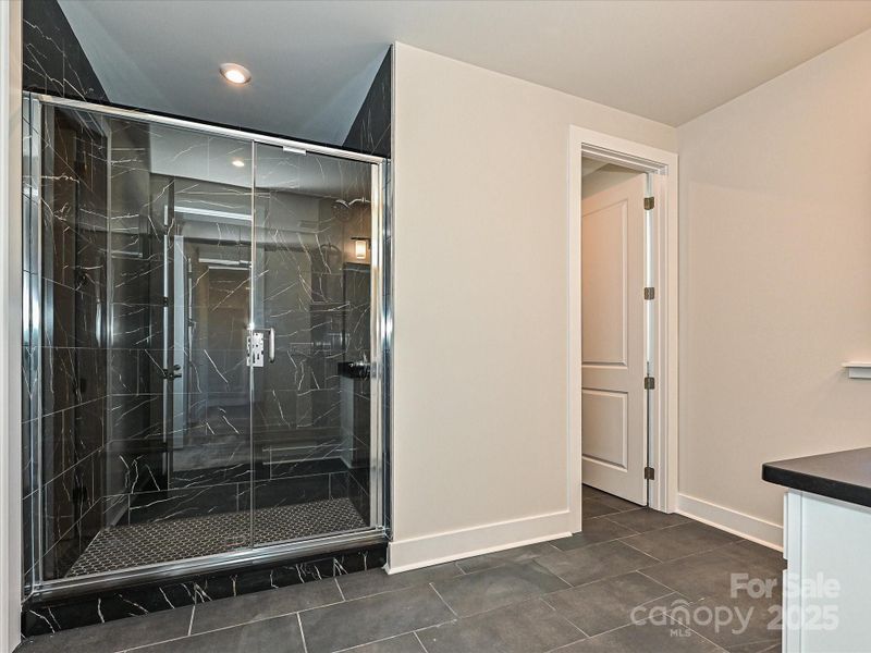 En suite primary bath with moody tile surround walk-in shower adding design interest to the home.