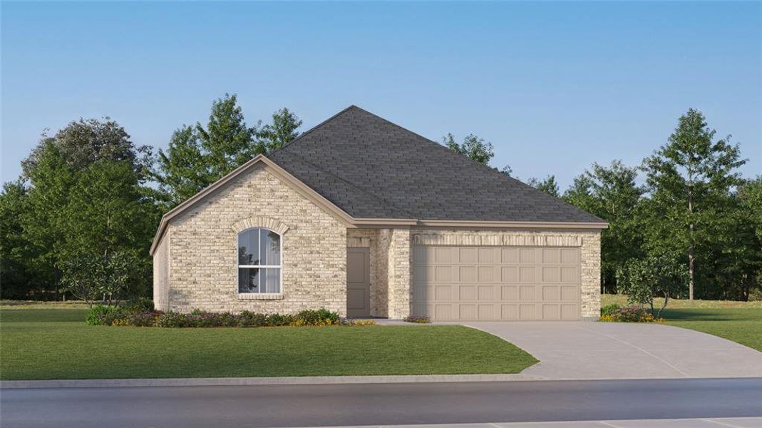 View of front facade featuring a garage and a front lawn