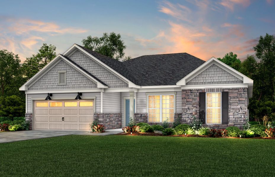 Amberwood Exterior 6 features stone, siding, shakes, covered front door and 2 car garage