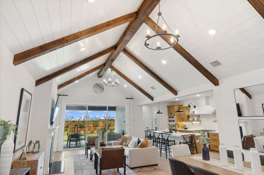Great room with stained ceiling beams