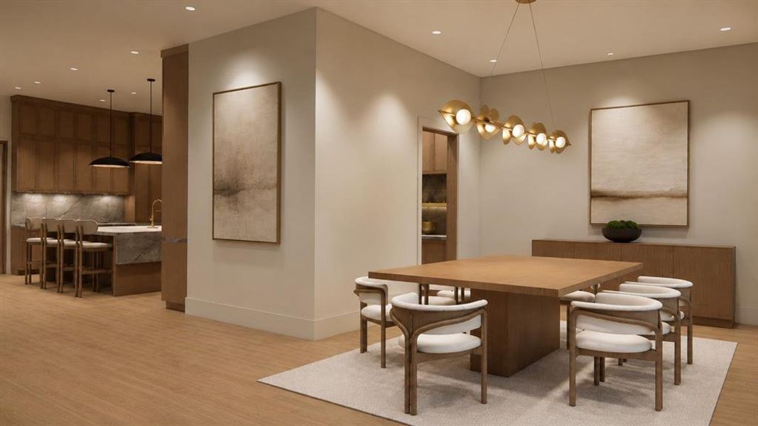 Rendering: View of dining room, butlers pantry, and chef's kitchen.