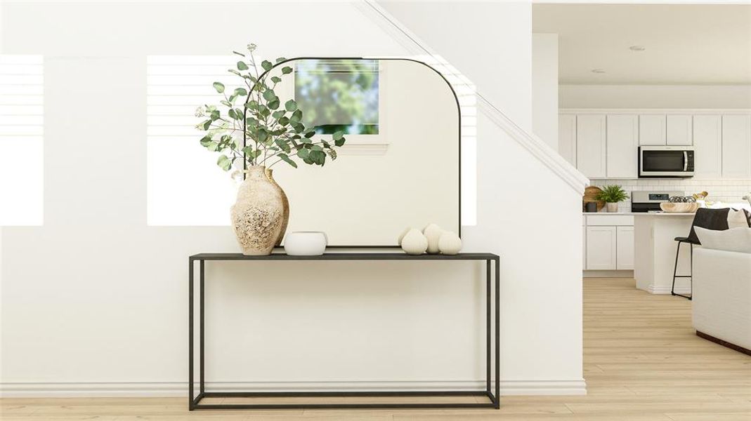 Interior details with wood-type flooring, range, and decorative backsplash