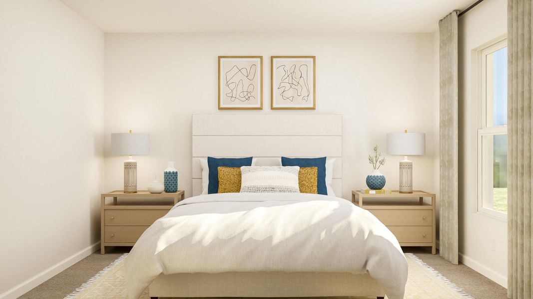 A bedroom with a bed and lamps.