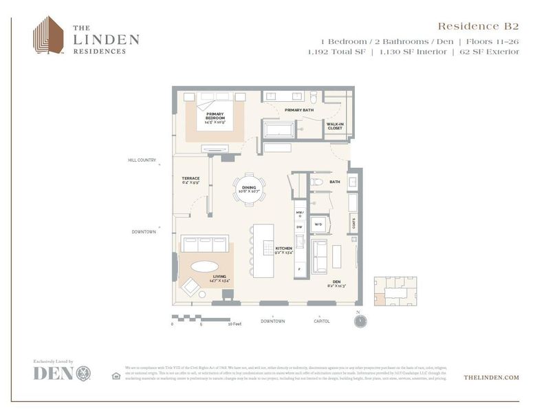Detailed B2 plan showcasing the primary suite, den, two full baths and terrace. The residence conveys with designer upgrades throughout, upgraded Fantasy Ocean marble counters, 1 parking space, 2 storage units and a transferable lease permit, offering exceptional value and flexibility. Detailed B2 plan showcasing the primary suite, den, two full baths and terrace. The residence conveys with designer upgrades throughout, upgraded Fantasy Ocean marble counters, 1 parking space, 2 storage units and a transferable lease permit, offering exceptional value and flexibility.