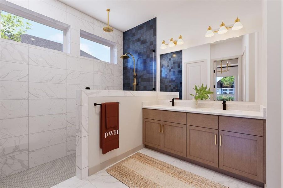 Bathroom featuring walk in shower and double vanity