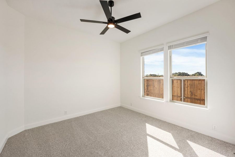 Empty bedroom with gray carpet, white walls, black ceiling fan, and two windows Empty bedroom with gray carpet, white walls, black ceiling fan, and two windows