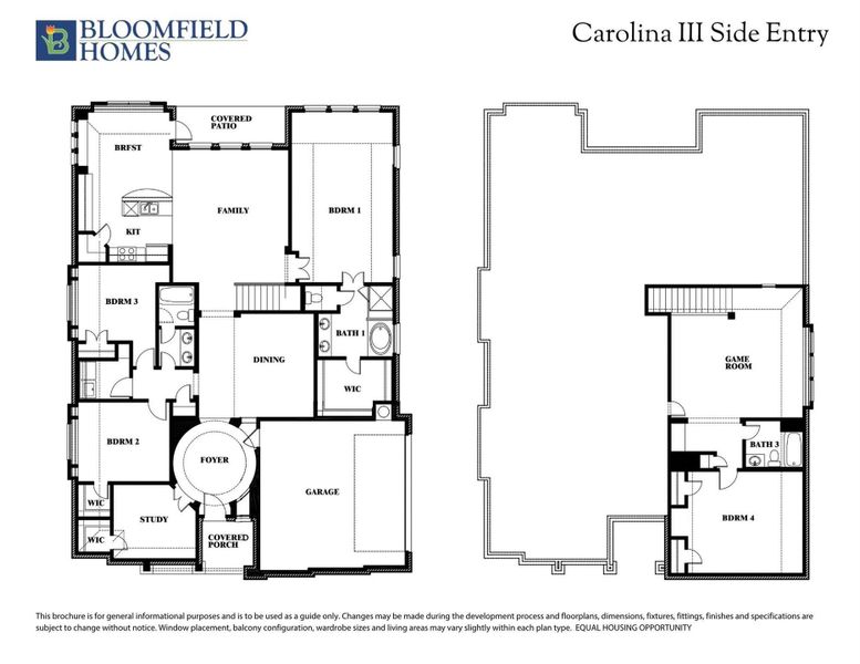 Bloomfield Homes Carolina III Side Entry floor plan showing two floors with four bedrooms, study, game room, and covered patio.