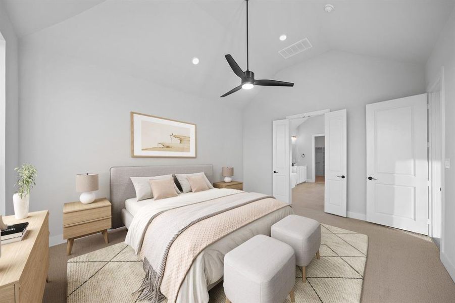 Bedroom featuring light colored carpet, a ceiling fan, recessed lighting, and high vaulted ceiling Bedroom featuring light colored carpet, a ceiling fan, recessed lighting, and high vaulted ceiling