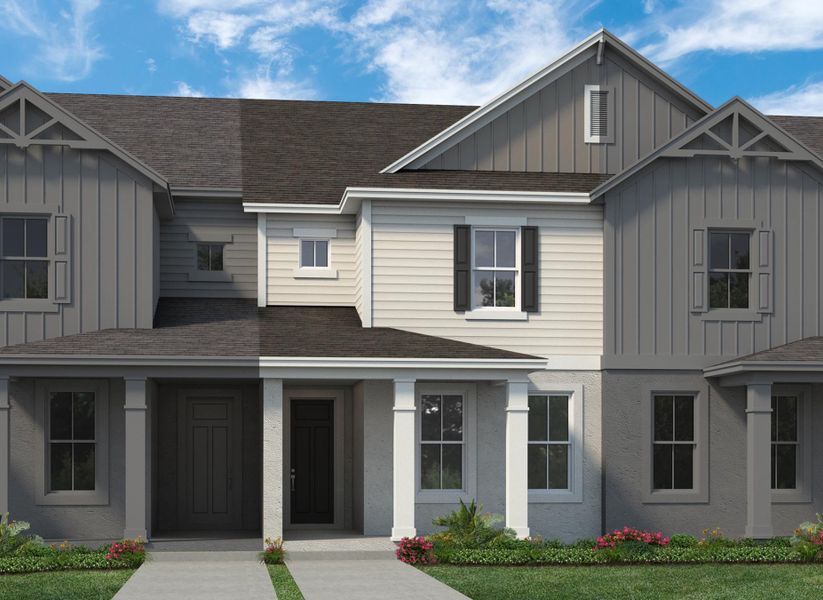 Representative exterior photo of a completed home built from the Whitney by Rockwell Homes in Harvest at Ovation - Townhomes, Winter Garden, FL (Image 23). Representative exterior photo of a completed home built from the Whitney by Rockwell Homes in Harvest at Ovation - Townhomes, Winter Garden, FL (Image 23).