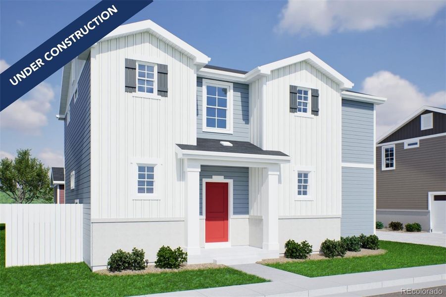Front exterior of a new home in Green Valley Ranch, Aurora, CO, highlighting curb appeal (Image 20).