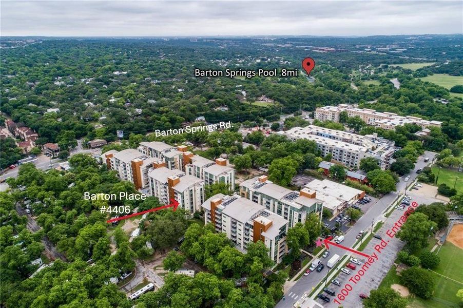 #4406 with East facing Corner Pecan Park & Downtown views. Barton Springs, LadyBird Lake, Hike & Bike Trail & Zilker Park hightlighted as well.