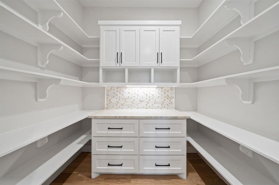 Walk in pantry with built in storage and gorgeous backsplash.