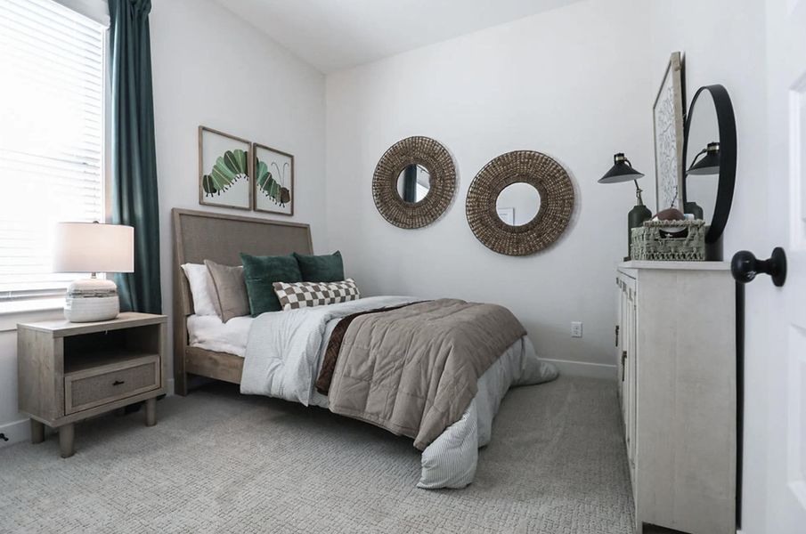 Carpeted bedroom with a window featuring white blinds, a contemporary light gray wall color, and a white interior door with matte black hardware