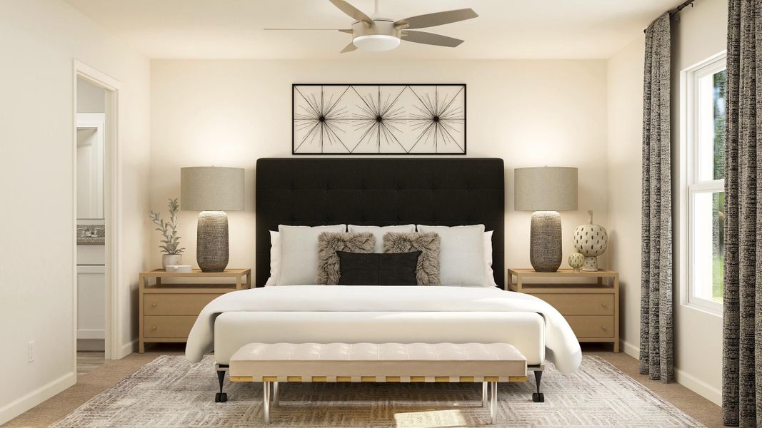 A bedroom with a bed and a fan. A bedroom with a bed and a fan.