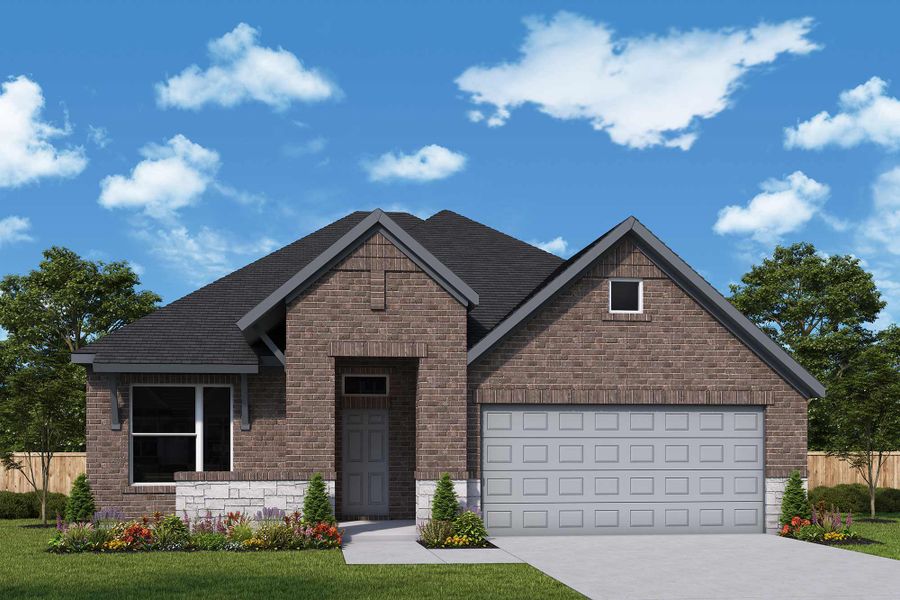Front exterior of a new home in Riceland - Enclave Collection, Mont Belvieu, TX, highlighting curb appeal (Image 21). Front exterior of a new home in Riceland - Enclave Collection, Mont Belvieu, TX, highlighting curb appeal (Image 21).