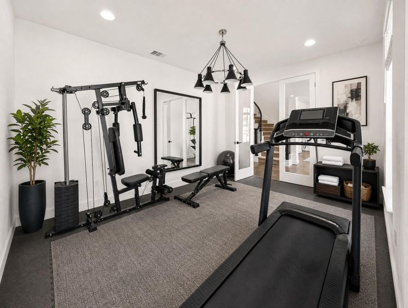 Achieve peak wellness in this dedicated exercise space, complete with ample room for various workout routines. Achieve peak wellness in this dedicated exercise space, complete with ample room for various workout routines.
