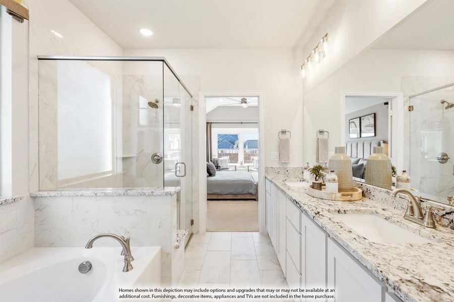 Master bathroom with glass walk-in shower, soaking tub, double vanity with granite countertops, and view into bedroom Master bathroom with glass walk-in shower, soaking tub, double vanity with granite countertops, and view into bedroom
