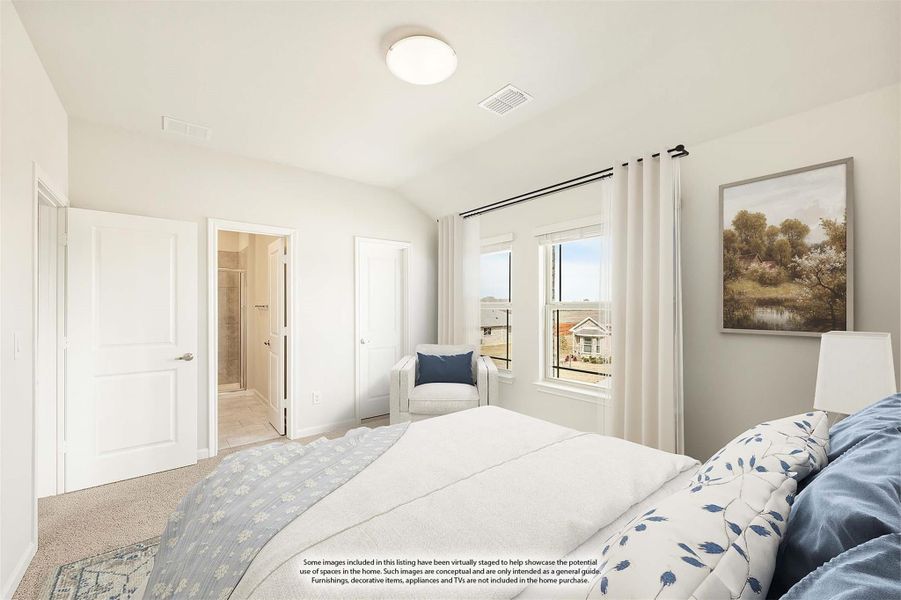 Bedroom with vaulted ceiling, carpet flooring, ensuite bathroom, and large windows with white curtains Bedroom with vaulted ceiling, carpet flooring, ensuite bathroom, and large windows with white curtains